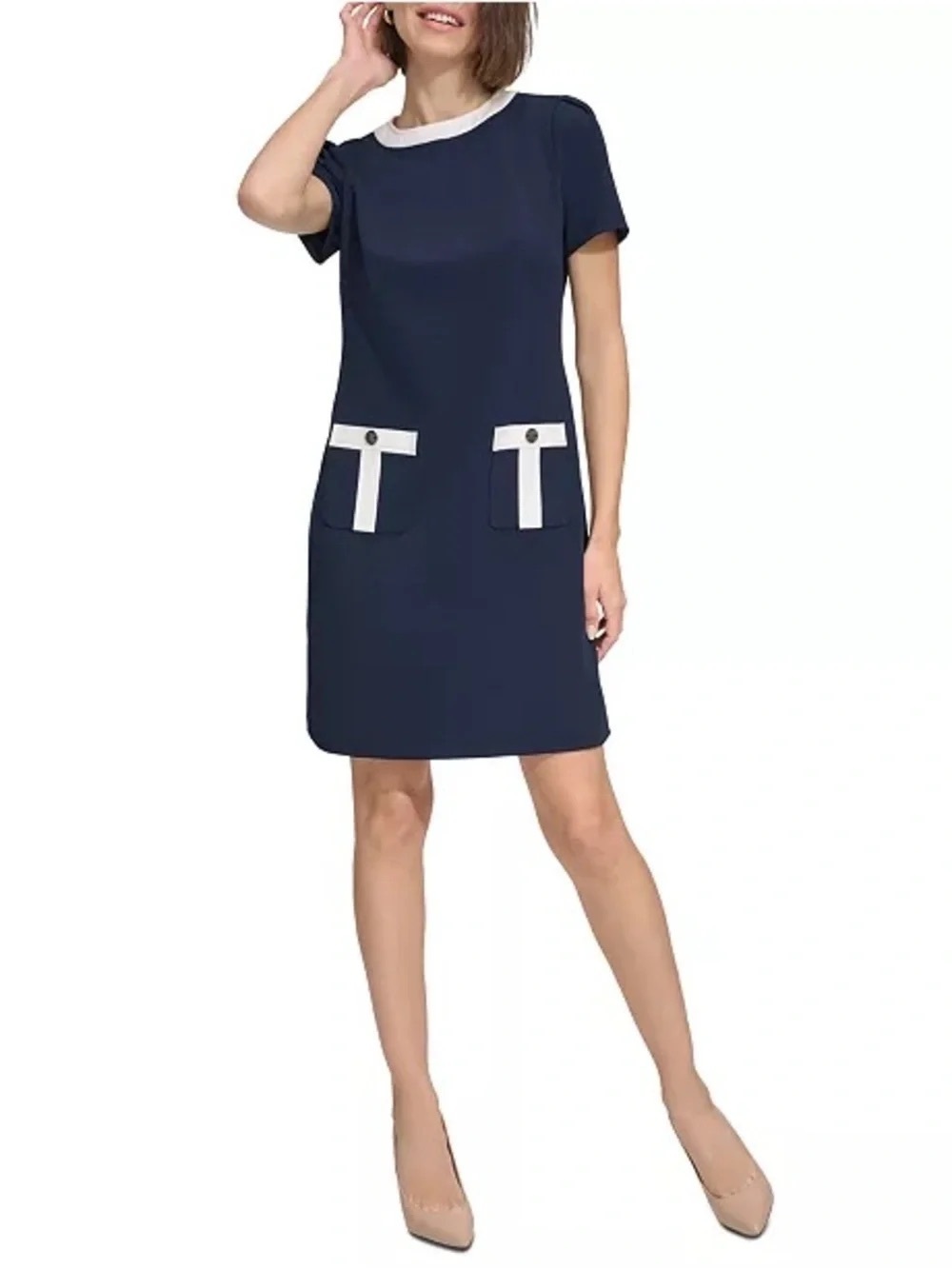 Tommy Hilfiger Women's Scuba Crepe Shift Dress - Navy Blue & White - Size 12